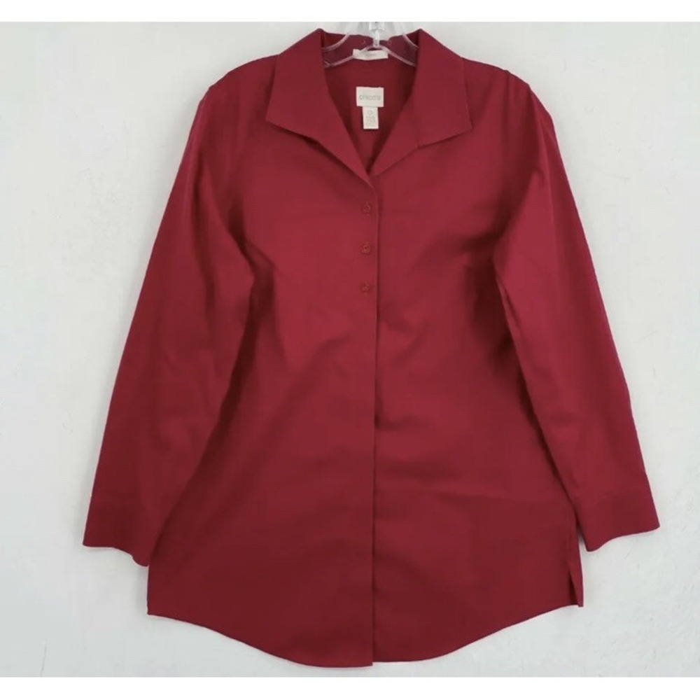 Chico's Size 2 No Iron Button Up Tunic Shirt Womens Red Long Sleeve Cotton